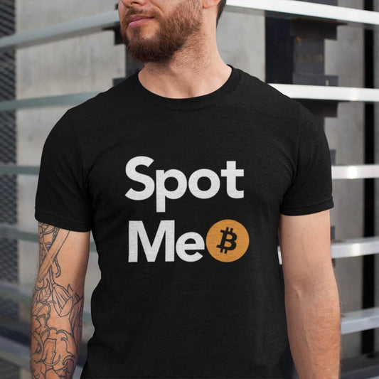 bearded man wearing bit swagg spot me bitcoin t-shirt in black