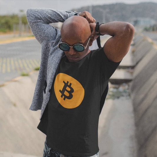 Black man rocking a BitSwagg Bitcoin T-shirt in Black