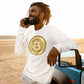a man on the beach wearing a bit swagg bitcoin 2010 logo long sleeve in white