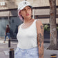 a tattooed girl wearing a bit swagg stenciled bitcoin cap in white
