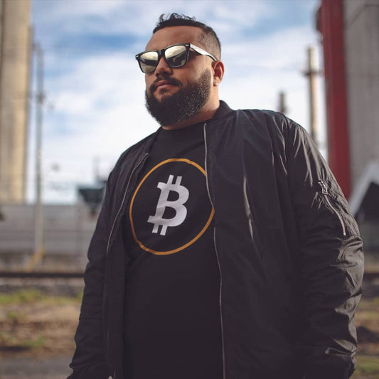 Cool man wearing a black bit swagg bitcoin t-shirt