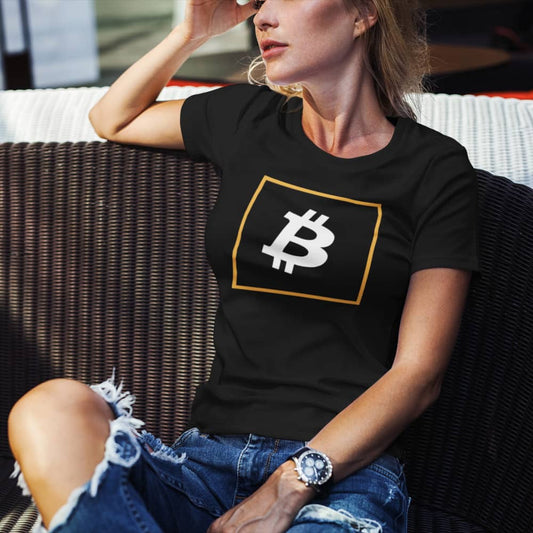 a blonde woman a bit swagg vertices bitcoin logo t-shirt in black