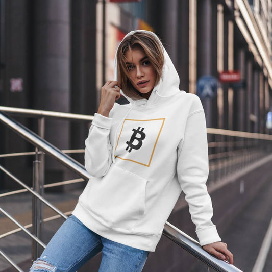 cool girl rocking a bit swagg bitcoin vertices hoodie in white