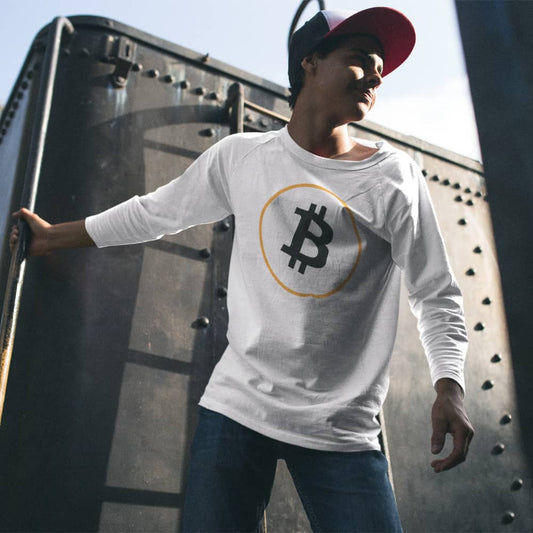 a man wearing a bit swagg bitcoin vertices long sleeve in white