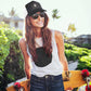Skater woman wearing a bit swagg vertices trucker hat in black and white