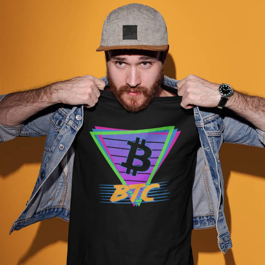 a man rocking a bit swagg bitcoin vice vibes t shirt in black