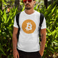 A man wearing a bitswagg bitcoin logo shirt in white