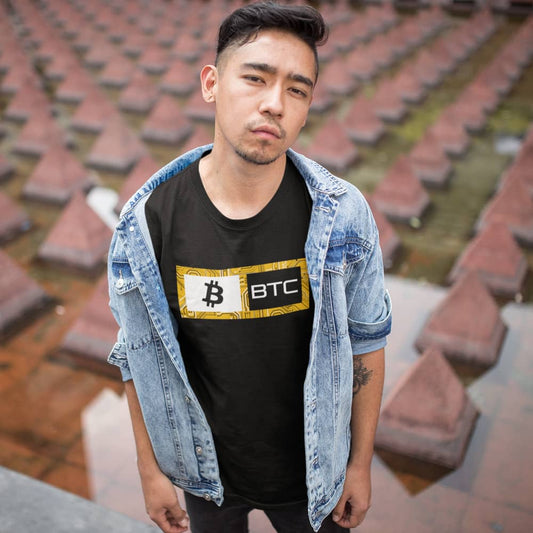 an asian man wearing a bit swagg bitcoin logic t shirt in black