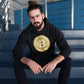 a man in a man bun wearing a bit swagg 2010 bitcoin logo hoodie in black