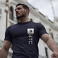 a mean wearing a bit swagg bitcoin lambda t-shirt in navy