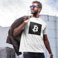 man with shades wearing a bit swagg square bitcoin logo t-shirt in white