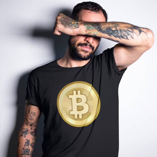 Man with tattoo covering his face wearing a bit swag 2010 bitcoin logo t-shirt in black